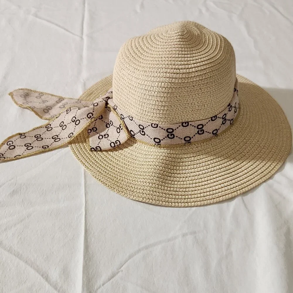 GO Women's Straw Floppy Foldable Wide Brim Bow Embellished Hat Summer Beach Walk